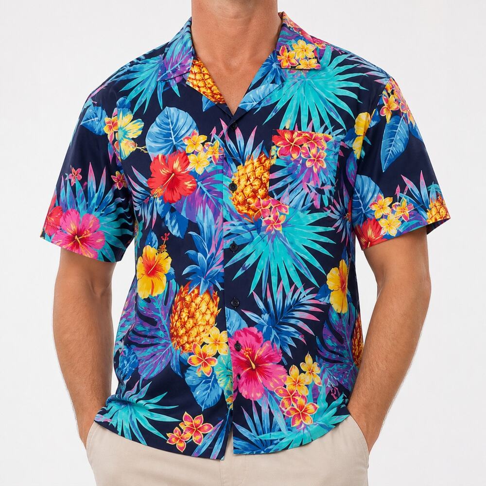 King Kameha Shirt Mens Large Blue Hawaiian Short Sleeve Pocket Regular Fit
